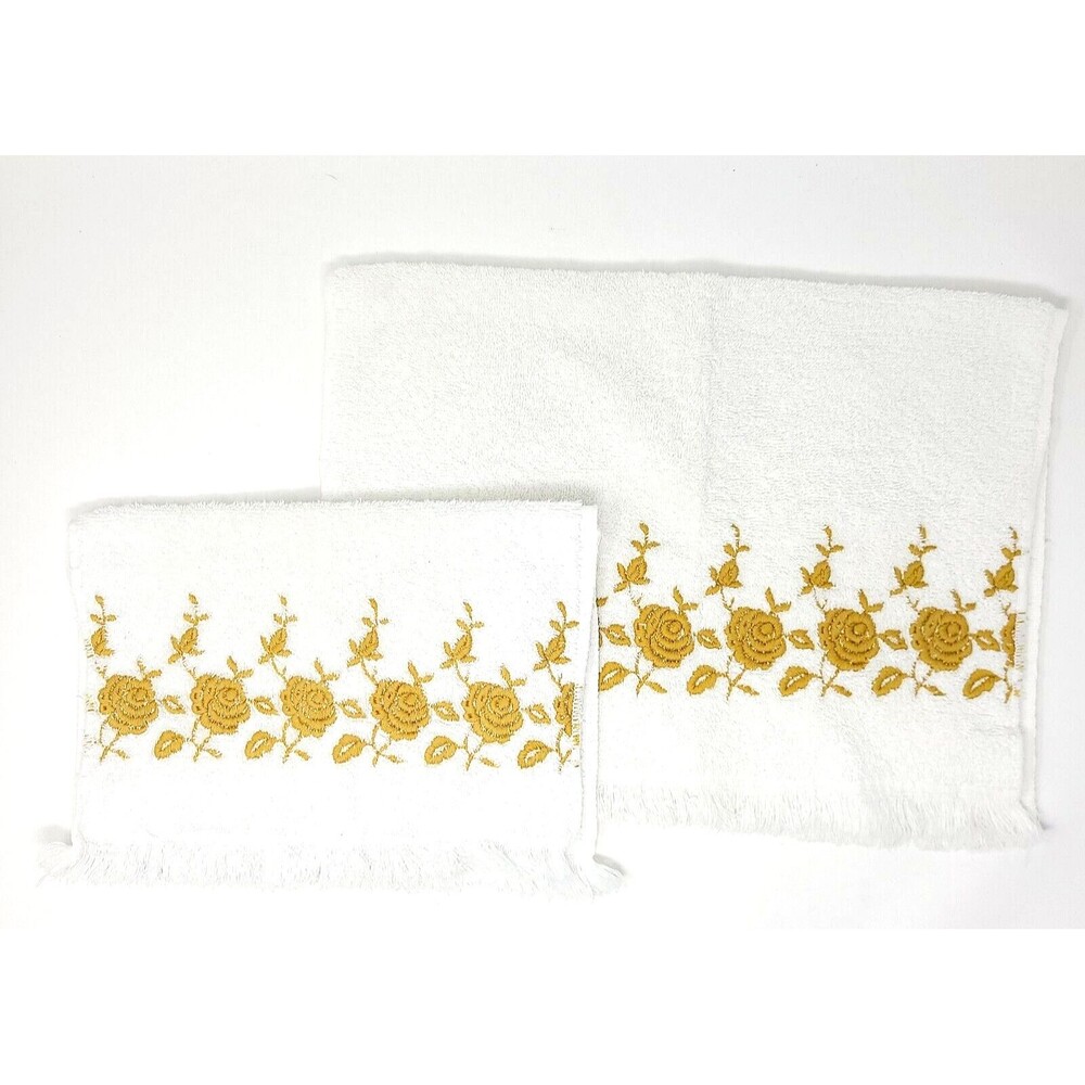 Vintage Dundee Towel Set White Gold Roses Embroidered Made In USA Hair Hand